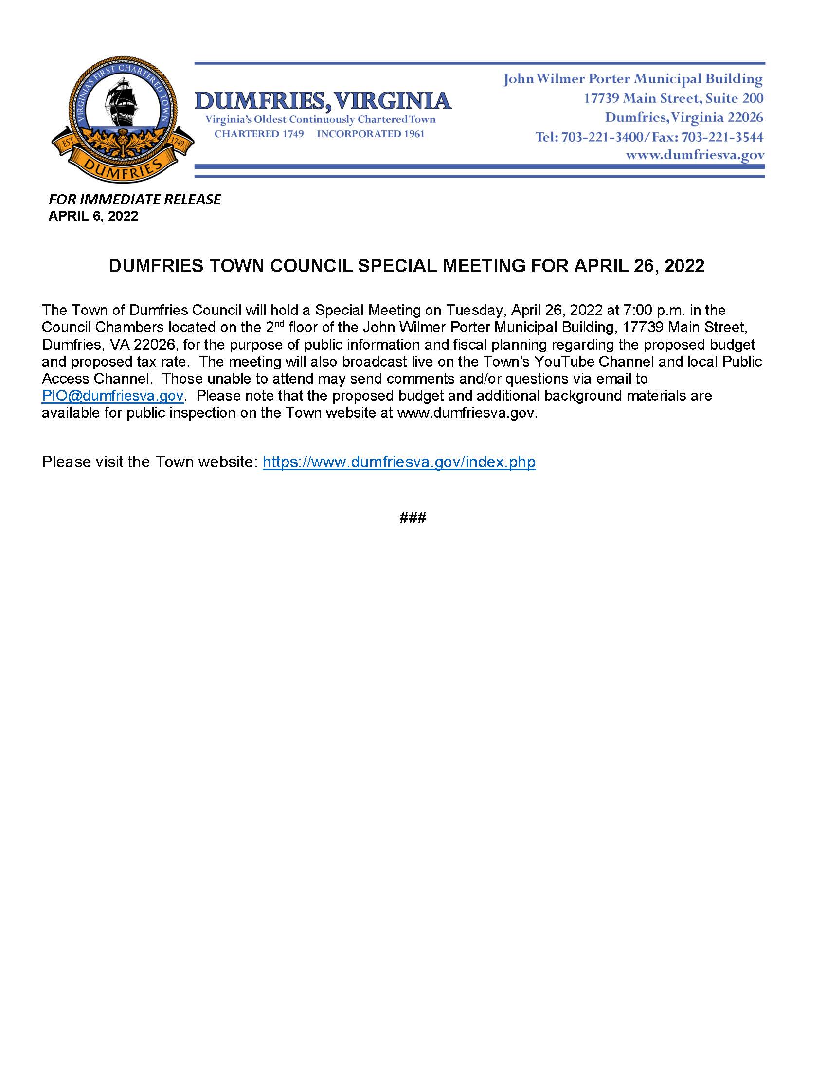 Town Council Special Meeting Notice 04262022